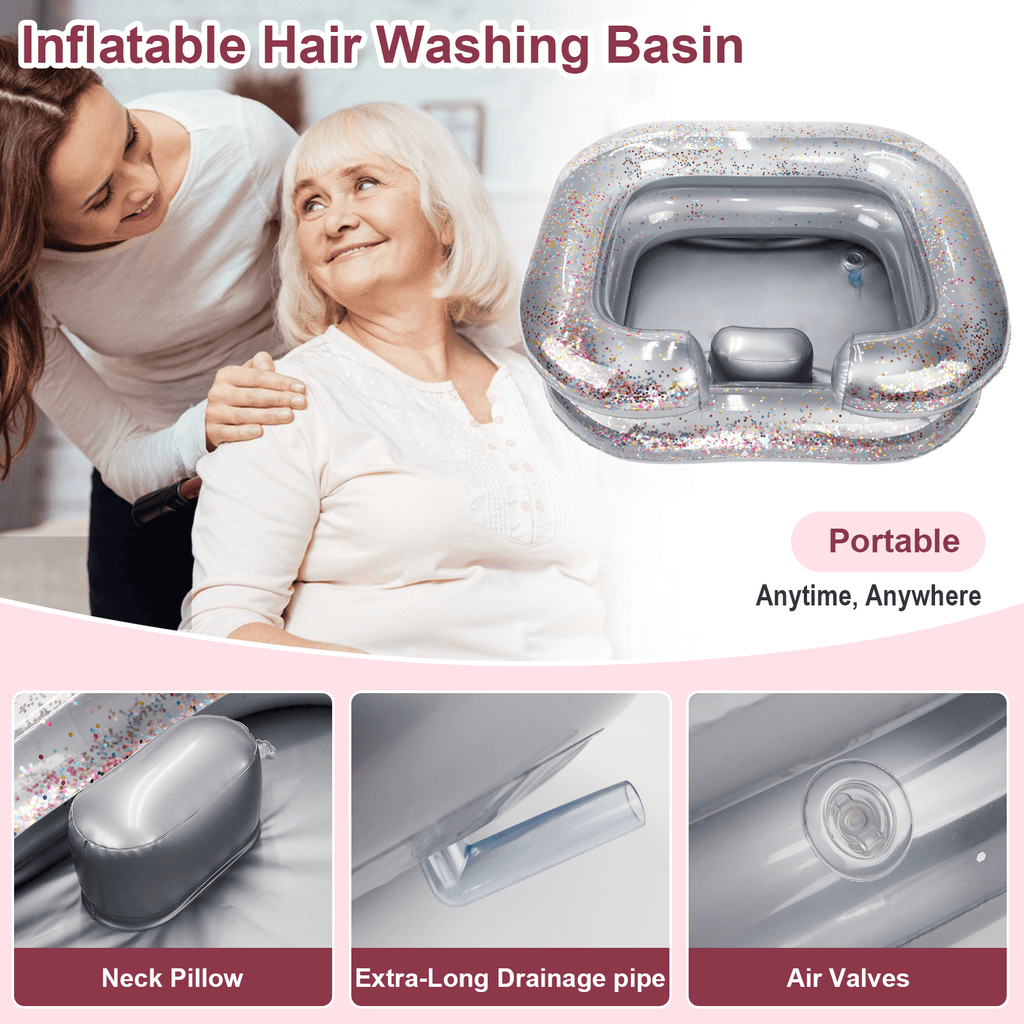 RoamReady Inflatable Hair Washing Basin, Portable Shampoo Bowl With Pillow and Drain Hose, Hair Washing Basin For Bedridden, Disabled, Injured, Perfect for Dreadlocks, Curly Hair, Thick Hair (Grey)