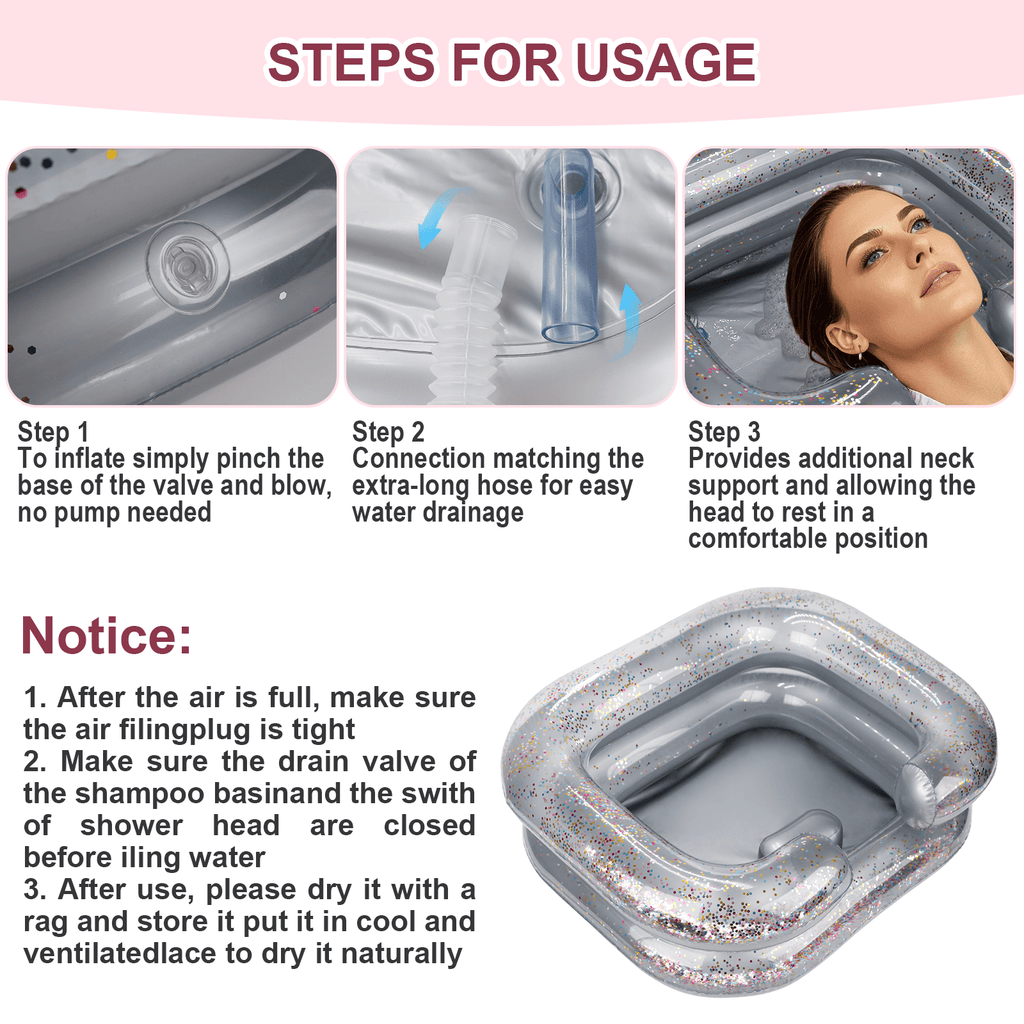 RoamReady Inflatable Hair Washing Basin, Portable Shampoo Bowl With Pillow and Drain Hose, Hair Washing Basin For Bedridden, Disabled, Injured, Perfect for Dreadlocks, Curly Hair, Thick Hair (Grey)