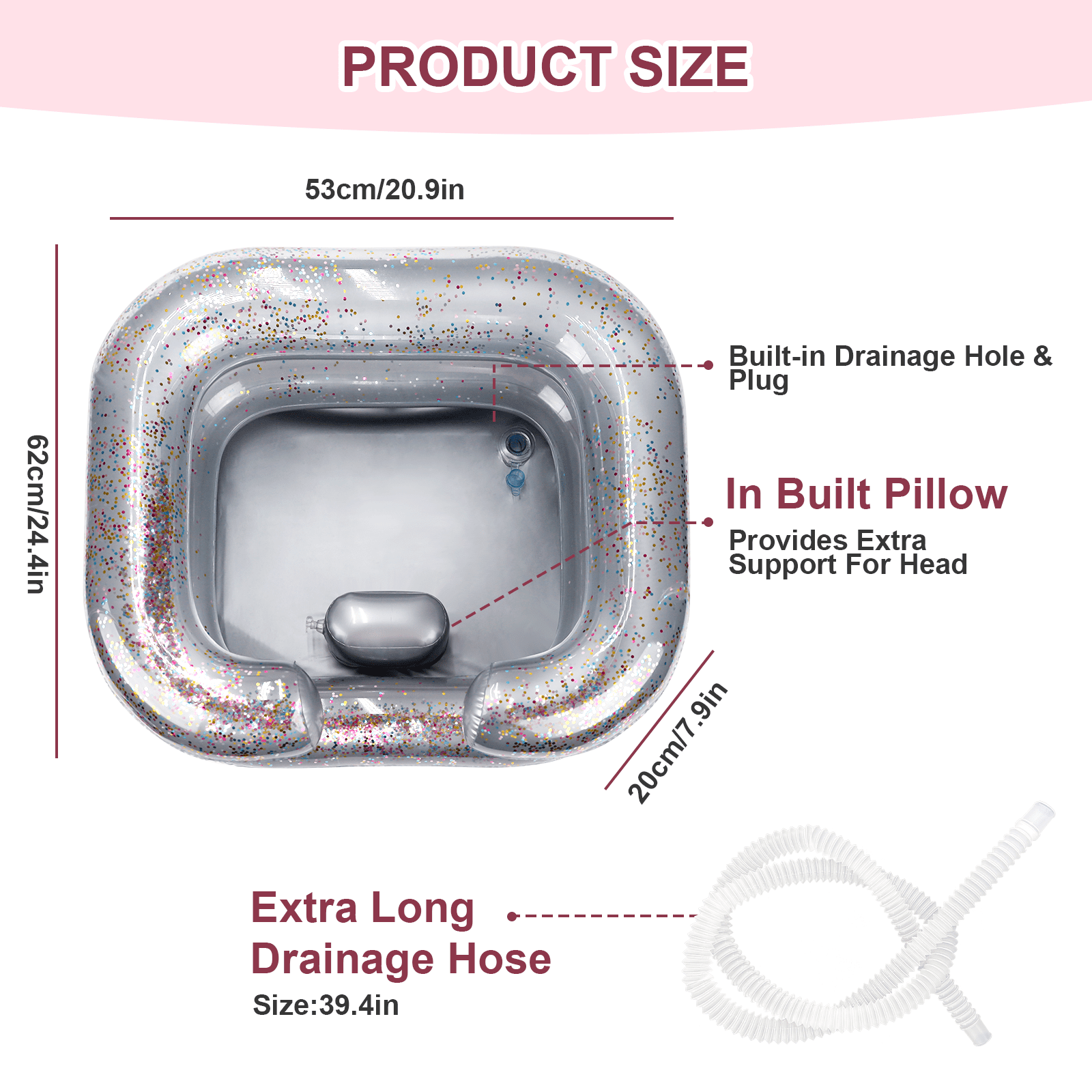 RoamReady Inflatable Hair Washing Basin, Portable Shampoo Bowl With Pillow and Drain Hose, Hair Washing Basin For Bedridden, Disabled, Injured, Perfect for Dreadlocks, Curly Hair, Thick Hair (Grey)