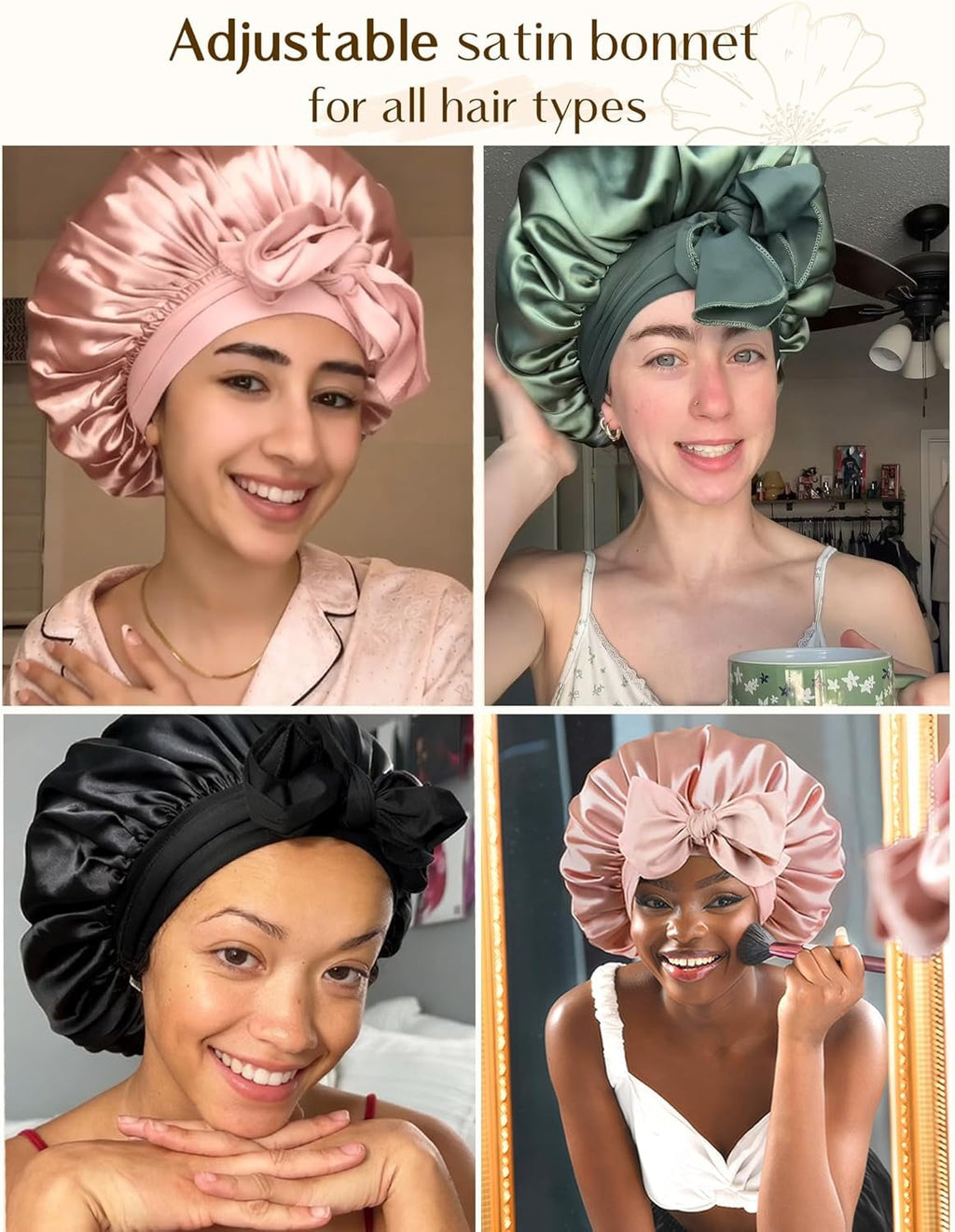 Silk Bonnet for Sleeping Women Adjustable Double Layer Satin Bonnet Reduce Friction Prevent Frizz Natural Curly Hair